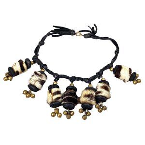 African Warrior Choker Necklace 12” Brass Leather Fur Primitive Collar Boho VTG
